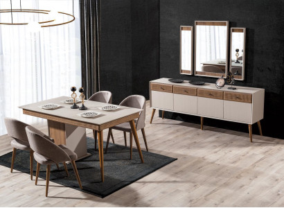 Design 9-piece Dining room Set Dining table and 4x Chairs Sideboard with 3x Mirror